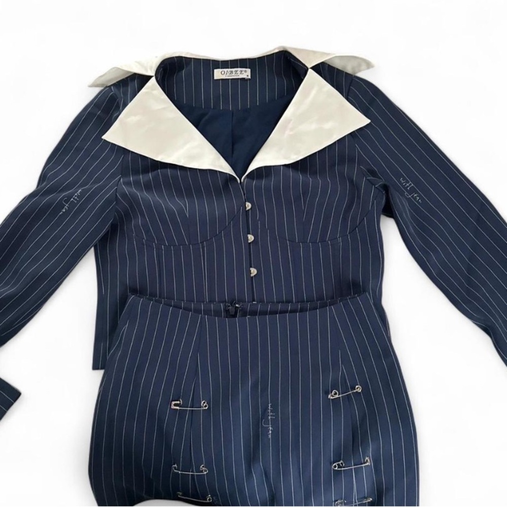 Navy Pinstripe skirt and top with White Collar